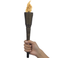hand holding lit torch with golden flame, symbolizing strength and guidance. torch has textured, dark handle with crisscross pattern, evoking sense of tradition and ceremony png