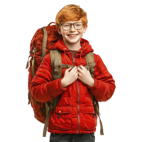 smiling young boy with red hair wearing glasses and red jacket stands confidently with large backpack, ready for adventure png