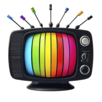 retro television with rainbow striped screen and colorful antennas creates vibrant, nostalgic feel. vintage design contrasts with modern, colorful display, evoking sense of playful nostalgia png