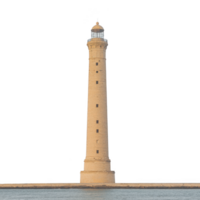tall, historic lighthouse stands majestically against clear sky, its stone structure reflecting warm glow of setting sun. calm sea surrounds its base, creating serene atmosphere png