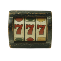 vintage slot machine displays winning combination of three red sevens, symbolizing luck and excitement. worn appearance adds nostalgic charm to classic gambling device png
