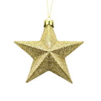 glittering gold star shaped ornament with shiny surface, perfect for festive decorations, hangs elegantly. Its sparkling texture adds touch of glamour to any holiday setting png