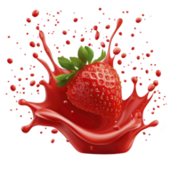 vibrant strawberry splashes into pool of red liquid, creating dynamic droplets and waves. fresh fruit and liquid contrast beautifully, evoking sense of freshness and energy png