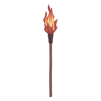 wooden torch with bright, flickering flame is depicted, evoking sense of adventure and warmth. torch simple design highlights its rustic charm and practical use in outdoor settings png