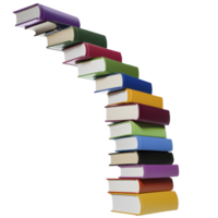 stack of colorful books is arranged in curved, leaning tower, showcasing variety of vibrant covers. books are stacked in way that creates visually striking and dynamic composition png