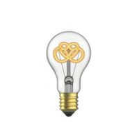 clear glass light bulb with unique filament design glows warmly, symbolizing creativity and innovation. intricate filament pattern adds artistic touch to classic bulb shape png