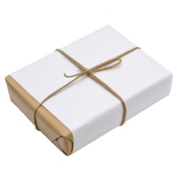 neatly wrapped gift box with white paper and brown string tied in bow, creating simple yet elegant presentation. package exudes sense of anticipation and surprise png