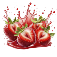 Fresh strawberries splashing in vibrant red juice, creating dynamic and refreshing scene. juicy fruit and liquid droplets convey sense of freshness and vitality png