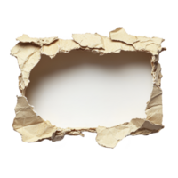 torn piece of brown paper reveals blank white space in center, creating frame like effect. rough edges of paper add texture and depth, suggesting sense of curiosity and discovery png
