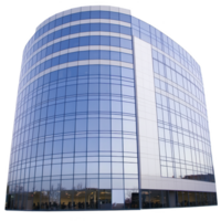 modern glass office building with curved facade reflects sky, creating sleek and contemporary appearance. structure features multiple floors with large windows png