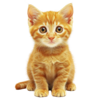 cute orange tabby kitten with big eyes sits attentively, showcasing its fluffy fur and curious expression. kitten adorable pose and vibrant color make it endearing png