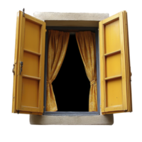 vibrant yellow window with open shutters reveals matching yellow curtains, creating cheerful and inviting atmosphere. window frame is set against neutral wall, enhancing bright color contrast png