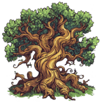 majestic, ancient tree with twisted branches and lush green leaves stands proudly, exuding sense of wisdom and strength. Its intricate bark patterns and vibrant foliage create captivating natural png