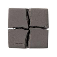 cracked, square shaped piece of dark, textured material is divided into four smaller sections, each with visible fractures. surface appears rough and weathered, suggesting age or wear png