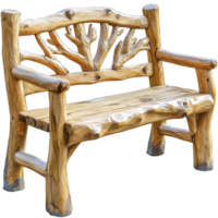 rustic wooden bench with natural branch design on backrest, showcasing craftsmanship and connection to nature. Ideal for garden or outdoor settings, offering cozy seating option png