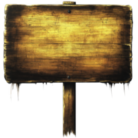 rustic wooden sign with weathered texture and golden hue, evoking vintage and nostalgic feel. sign is blank, allowing for customizable text or design, and is mounted on wooden post png