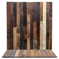 rustic wooden wall and floor feature variety of wood planks in different shades and textures, creating warm and inviting atmosphere. mix of dark and light tones adds depth and character png