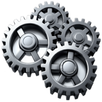 Four interlocking metallic gears symbolize teamwork and mechanical precision, showcasing industrial design and engineering concepts. shiny silver finish adds modern touch png