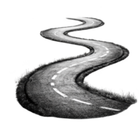 winding road with white dashed lines curves through black and white landscape, evoking sense of journey and adventure. road is bordered by grass, adding texture to scene png