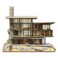 modern architectural model of multi level house showcases sleek design with large glass windows, stone accents, and open interiors. structure blends with its natural surroundings png