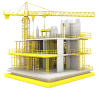 3D model of building under construction features yellow tower crane and scaffolding, with concrete floors and columns. structure is partially built, showcasing modern construction techniques png