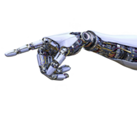 futuristic robotic arm with intricate mechanical details and metallic finish is pointing forward, showcasing advanced technology and innovation png