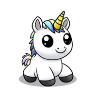 cute cartoon unicorn with colorful mane and golden horn sits happily, exuding playful and magical vibe. Its large, expressive eyes add to its charm and whimsy png