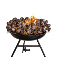 Grilled meat skewers sizzling over open flame on round barbecue grill, creating mouthwatering and smoky aroma. Perfect for outdoor cooking and gatherings png