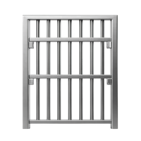 sturdy metal gate with vertical bars and rectangular frame, designed for security and durability. gate sleek silver finish adds modern touch, suitable for various settings png