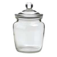 clear glass jar with round lid and knob, perfect for storing kitchen items or decorative purposes. transparent design adds touch of elegance to any space png