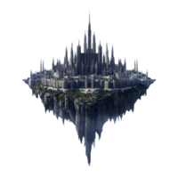 futuristic floating city hovers in sky, featuring sleek skyscrapers and lush greenery. cityscape blends advanced architecture with natural elements, creating harmonious vision of urban life png