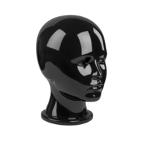 glossy black mannequin head with smooth surface and reflective finish, often used for displaying hats, wigs, or accessories in retail settings. sleek design adds modern touch png