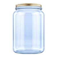 clear glass jar with gold metal lid is shown, perfect for storing food or organizing small items. jar transparent design allows easy visibility of contents, adding touch of simplicity and elegance png
