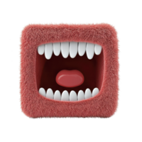 surreal, furry cube with large open mouth and white teeth creates whimsical and bizarre visual. pink fur texture contrasts with smooth teeth, adding playful touch png