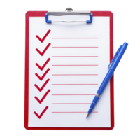 red clipboard with checklist and blue pen is shown, featuring red checkmarks on white paper. image conveys organization and planning png