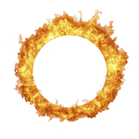 fiery ring of flames forms perfect circle, creating dynamic and intense visual. bright orange and yellow hues of fire contrast sharply against transparency background, evoking sense of energy png