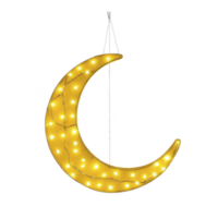 glowing crescent moon shaped light fixture hangs elegantly, emitting warm, inviting glow. decorative piece is adorned with small, twinkling lights, creating magical ambiance png