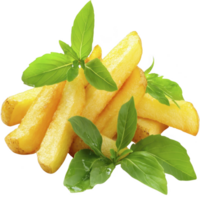 Golden crispy potato wedges garnished with fresh green basil leaves, creating vibrant and appetizing presentation. combination of textures and colors enhances visual appeal png