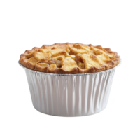 delicious homemade apple pie with golden, flaky crust is presented in foil container, showcasing its rustic charm and inviting aroma png