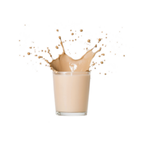 glass of chocolate milk splashes energetically, creating dynamic and lively scene. creamy liquid forms artistic pattern as it bursts out of glass png