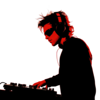 DJ wearing headphones and sunglasses is intensely focused on mixing music at turntable, with striking red and black color scheme creating dynamic and energetic atmosphere png