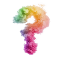 vibrant, multicolored cloud of smoke forms question mark shape against transparency background, creating sense of mystery and curiosity png