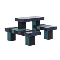 modern, geometric table and bench set with sleek, artistic design features contrasting colors and textures, creating bold statement piece for contemporary spaces png