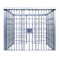 sturdy metal cage with secure lock, designed for containment and safety, stands isolated against transparency background. bars are evenly spaced, creating sense of confinement png