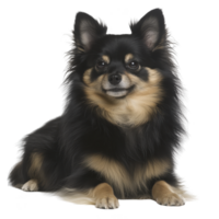 fluffy black and tan dog with perky ears sits attentively, showcasing its thick fur and alert expression. dog coat is well groomed, highlighting its charming appearance png