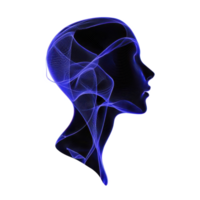 digital artwork of human head silhouette in profile, featuring intricate blue wireframe lines creating futuristic and abstract design. image conveys sense of technology and innovation png