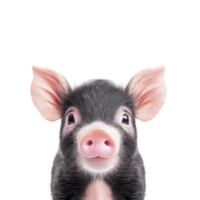 cute piglet with curious expression stands against plain background, showcasing its pink snout and large ears. piglet black and white fur adds to its adorable appearance png