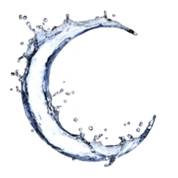 crescent moon shape made of splashing water creates dynamic and refreshing visual effect against transparency background. fluid motion and clear droplets add sense of movement and energy png