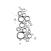 This features collection of variously sized black circles arranged random pattern transparent background, creating dynamic and abstract design. circles vary size, adding depth and interest to png