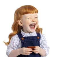joyful child with red hair and polka dot shirt laughs heartily, holding small object. child expression is full of happiness and delight, creating cheerful atmosphere png